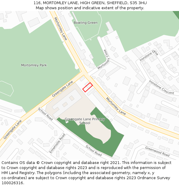 116, MORTOMLEY LANE, HIGH GREEN, SHEFFIELD, S35 3HU: Location map and indicative extent of plot