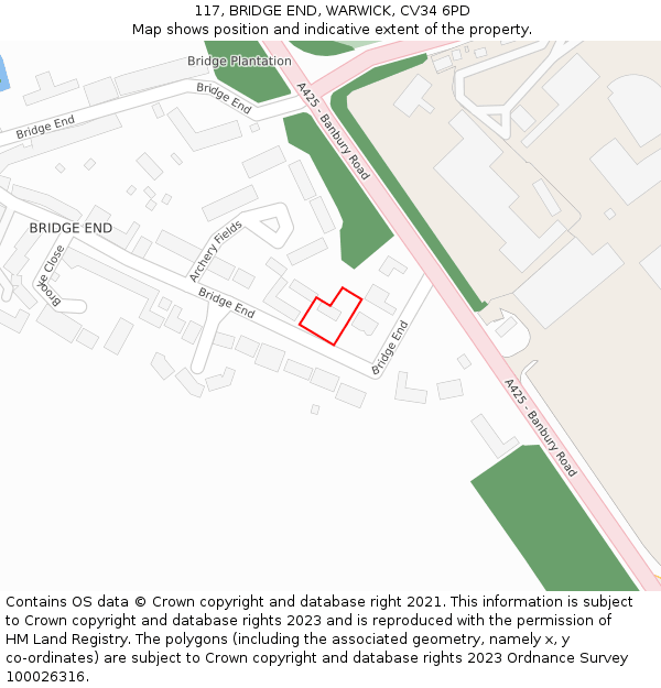 117, BRIDGE END, WARWICK, CV34 6PD: Location map and indicative extent of plot
