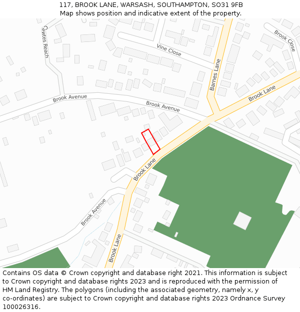 117, BROOK LANE, WARSASH, SOUTHAMPTON, SO31 9FB: Location map and indicative extent of plot