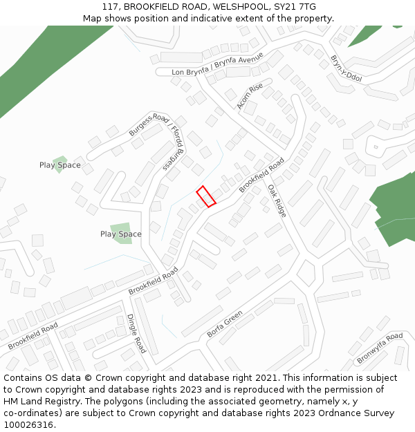 117, BROOKFIELD ROAD, WELSHPOOL, SY21 7TG: Location map and indicative extent of plot