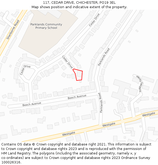 117, CEDAR DRIVE, CHICHESTER, PO19 3EL: Location map and indicative extent of plot