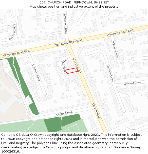 117, CHURCH ROAD, FERNDOWN, BH22 9ET: Location map and indicative extent of plot
