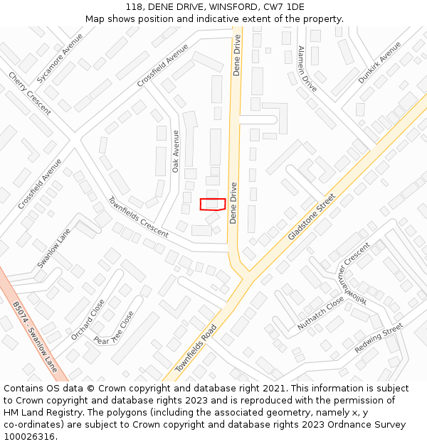 118, DENE DRIVE, WINSFORD, CW7 1DE: Location map and indicative extent of plot