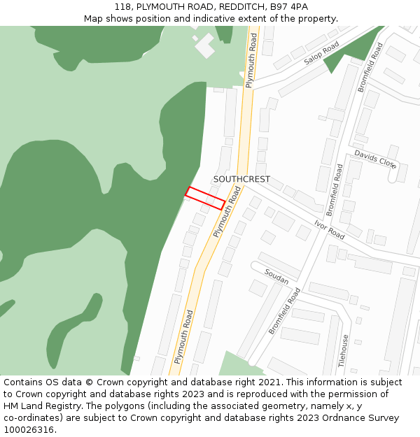 118, PLYMOUTH ROAD, REDDITCH, B97 4PA: Location map and indicative extent of plot