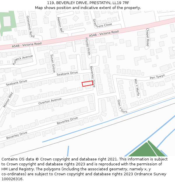 119, BEVERLEY DRIVE, PRESTATYN, LL19 7RF: Location map and indicative extent of plot