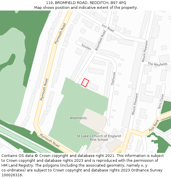119, BROMFIELD ROAD, REDDITCH, B97 4PQ: Location map and indicative extent of plot