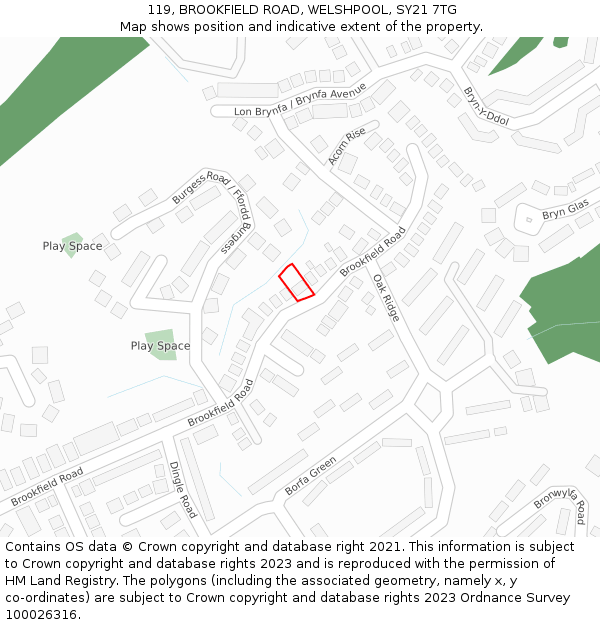 119, BROOKFIELD ROAD, WELSHPOOL, SY21 7TG: Location map and indicative extent of plot