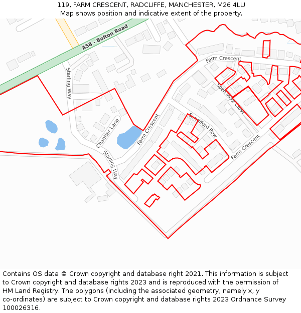 119, FARM CRESCENT, RADCLIFFE, MANCHESTER, M26 4LU: Location map and indicative extent of plot