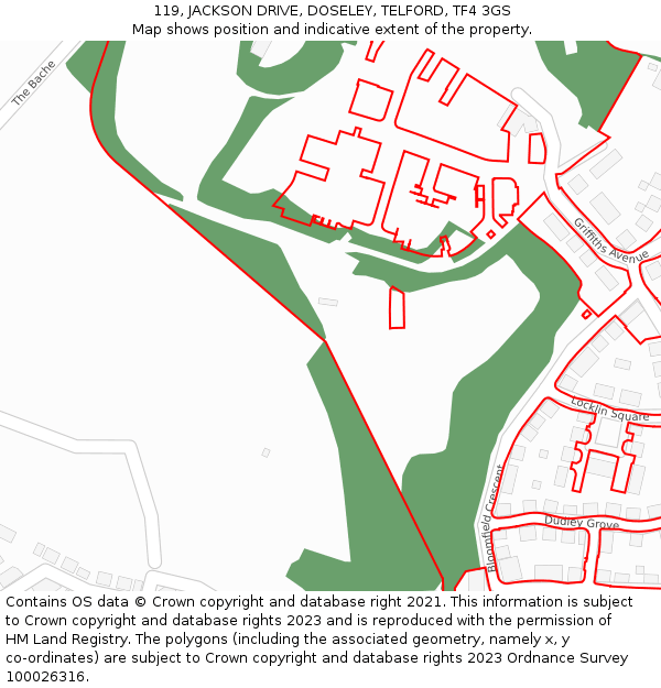 119, JACKSON DRIVE, DOSELEY, TELFORD, TF4 3GS: Location map and indicative extent of plot
