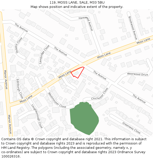 119, MOSS LANE, SALE, M33 5BU: Location map and indicative extent of plot