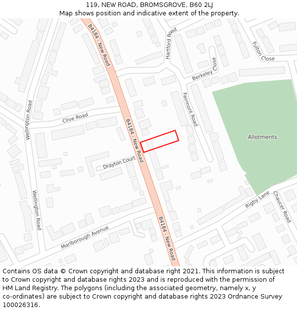 119, NEW ROAD, BROMSGROVE, B60 2LJ: Location map and indicative extent of plot