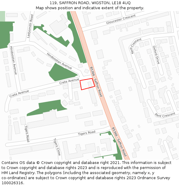 119, SAFFRON ROAD, WIGSTON, LE18 4UQ: Location map and indicative extent of plot