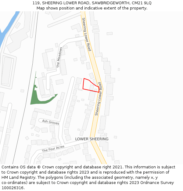 119, SHEERING LOWER ROAD, SAWBRIDGEWORTH, CM21 9LQ: Location map and indicative extent of plot