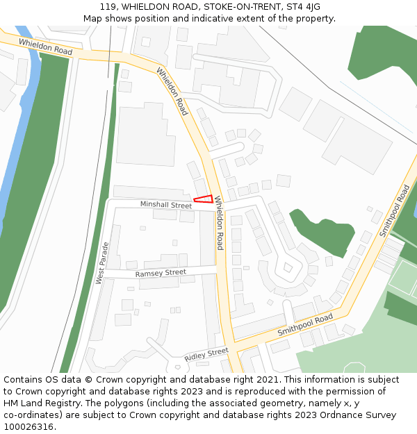 119, WHIELDON ROAD, STOKE-ON-TRENT, ST4 4JG: Location map and indicative extent of plot