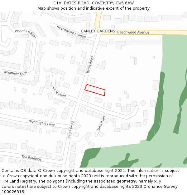 11A, BATES ROAD, COVENTRY, CV5 6AW: Location map and indicative extent of plot
