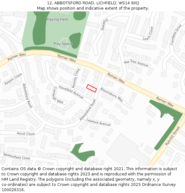 12, ABBOTSFORD ROAD, LICHFIELD, WS14 9XQ: Location map and indicative extent of plot