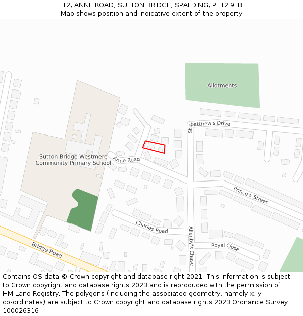 12, ANNE ROAD, SUTTON BRIDGE, SPALDING, PE12 9TB: Location map and indicative extent of plot