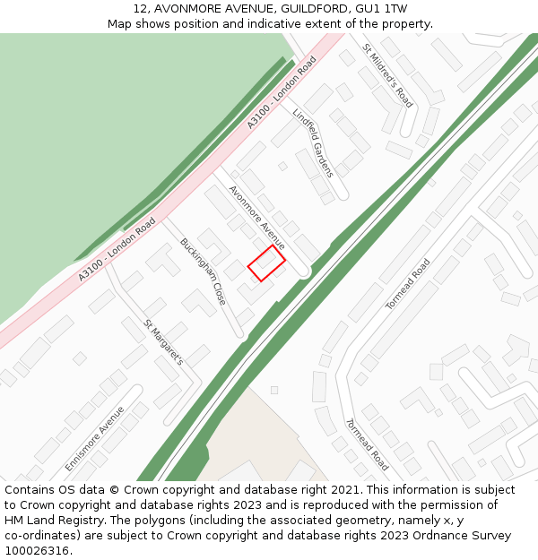 12, AVONMORE AVENUE, GUILDFORD, GU1 1TW: Location map and indicative extent of plot