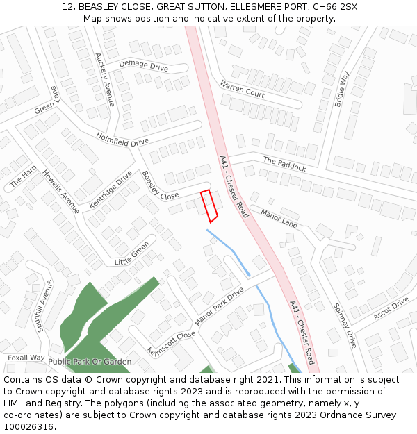 12, BEASLEY CLOSE, GREAT SUTTON, ELLESMERE PORT, CH66 2SX: Location map and indicative extent of plot