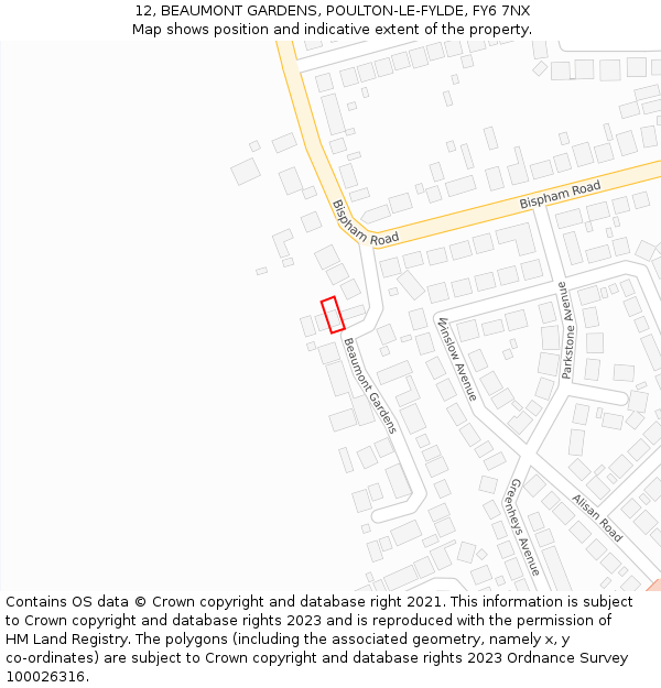 12, BEAUMONT GARDENS, POULTON-LE-FYLDE, FY6 7NX: Location map and indicative extent of plot
