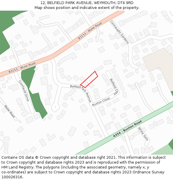 12, BELFIELD PARK AVENUE, WEYMOUTH, DT4 9RD: Location map and indicative extent of plot