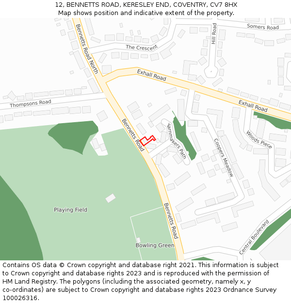 12, BENNETTS ROAD, KERESLEY END, COVENTRY, CV7 8HX: Location map and indicative extent of plot