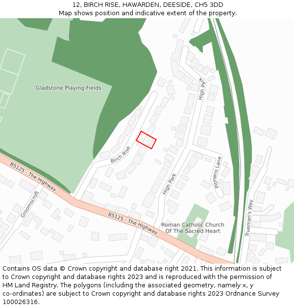 12, BIRCH RISE, HAWARDEN, DEESIDE, CH5 3DD: Location map and indicative extent of plot