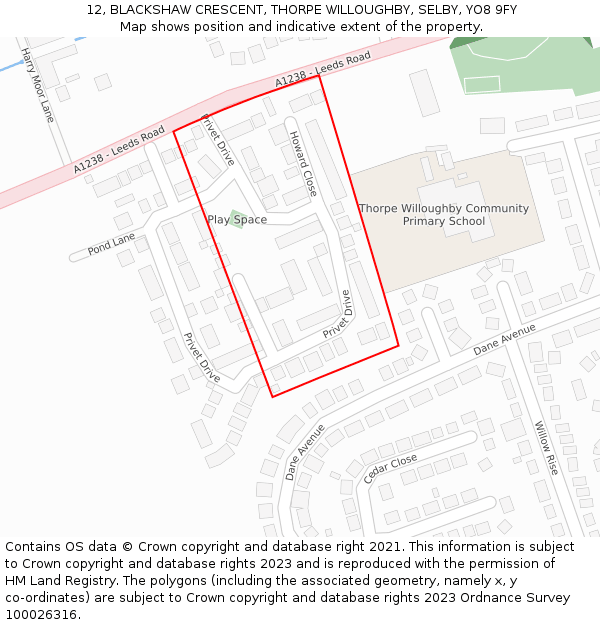 12, BLACKSHAW CRESCENT, THORPE WILLOUGHBY, SELBY, YO8 9FY: Location map and indicative extent of plot