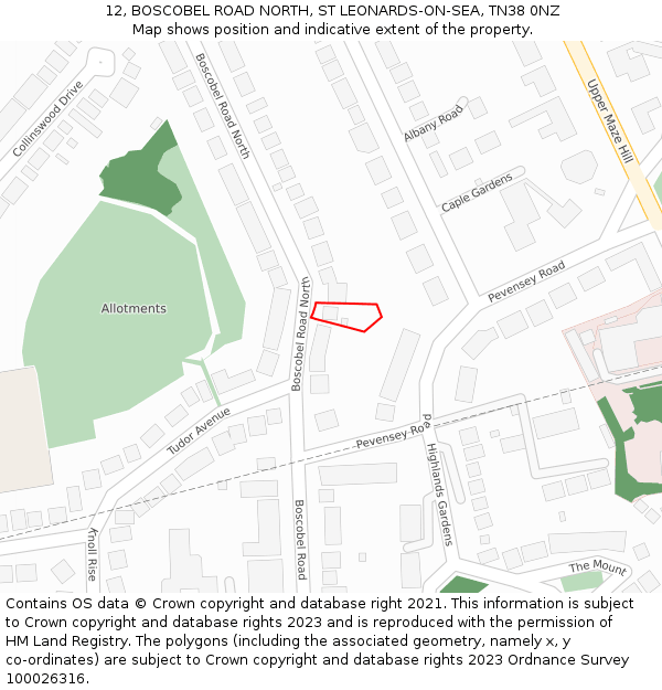 12, BOSCOBEL ROAD NORTH, ST LEONARDS-ON-SEA, TN38 0NZ: Location map and indicative extent of plot