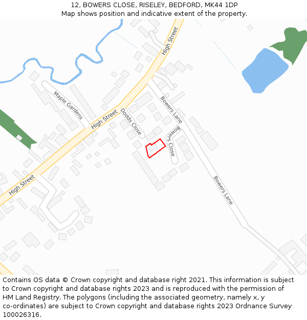 12, BOWERS CLOSE, RISELEY, BEDFORD, MK44 1DP: Location map and indicative extent of plot