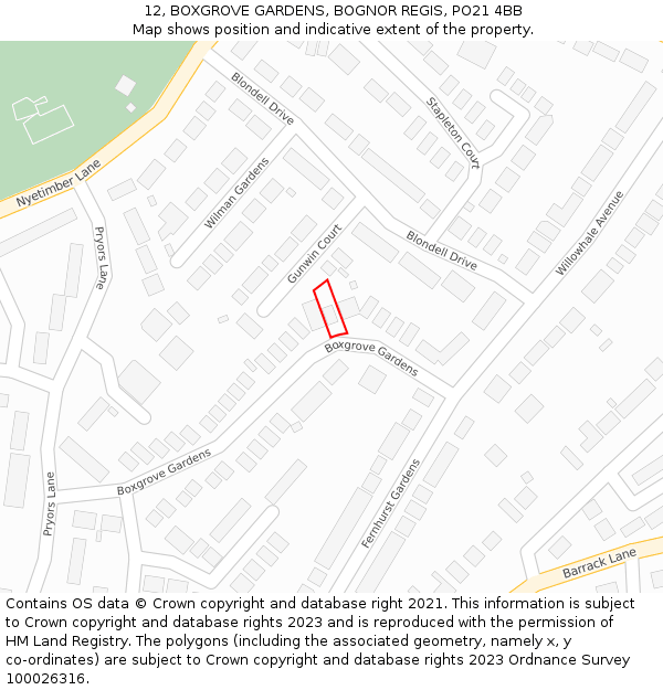 12, BOXGROVE GARDENS, BOGNOR REGIS, PO21 4BB: Location map and indicative extent of plot