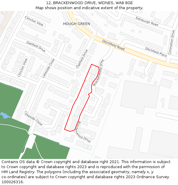 12, BRACKENWOOD DRIVE, WIDNES, WA8 8GE: Location map and indicative extent of plot