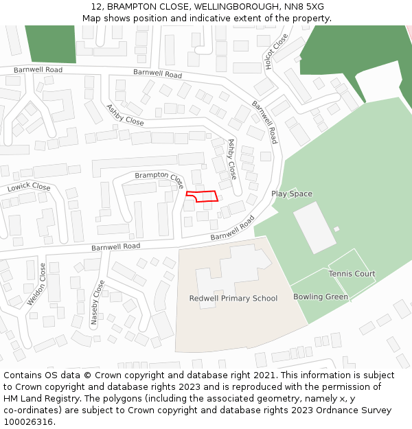 12, BRAMPTON CLOSE, WELLINGBOROUGH, NN8 5XG: Location map and indicative extent of plot