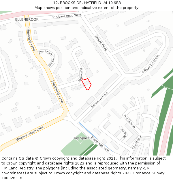12, BROOKSIDE, HATFIELD, AL10 9RR: Location map and indicative extent of plot