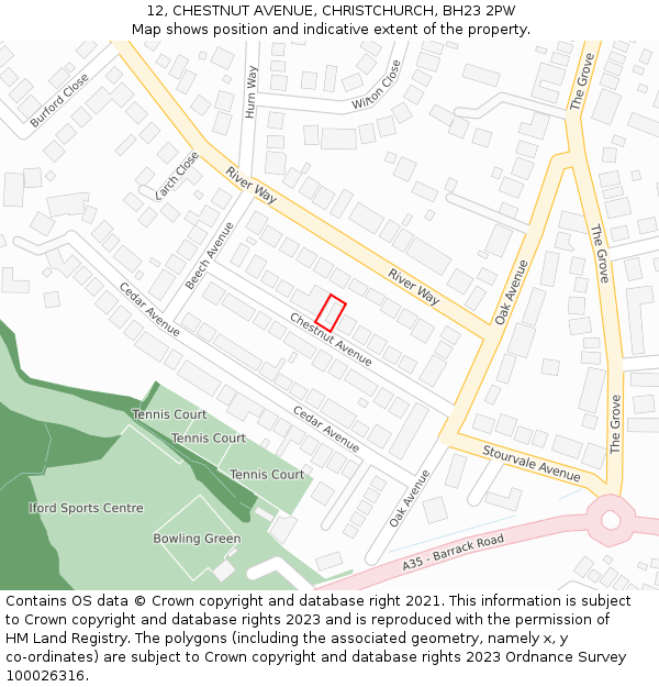 12, CHESTNUT AVENUE, CHRISTCHURCH, BH23 2PW: Location map and indicative extent of plot