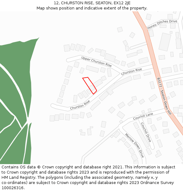 12, CHURSTON RISE, SEATON, EX12 2JE: Location map and indicative extent of plot