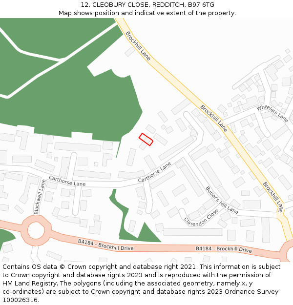 12, CLEOBURY CLOSE, REDDITCH, B97 6TG: Location map and indicative extent of plot