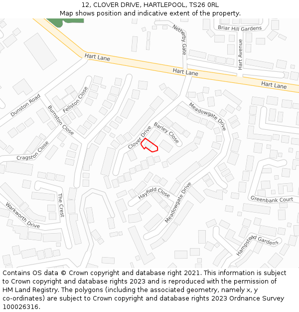 12, CLOVER DRIVE, HARTLEPOOL, TS26 0RL: Location map and indicative extent of plot