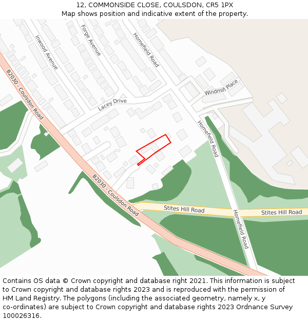 12, COMMONSIDE CLOSE, COULSDON, CR5 1PX: Location map and indicative extent of plot