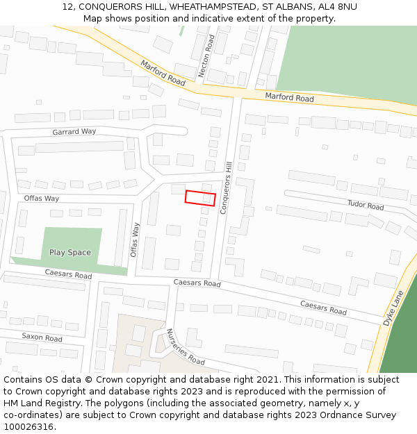 12, CONQUERORS HILL, WHEATHAMPSTEAD, ST ALBANS, AL4 8NU: Location map and indicative extent of plot