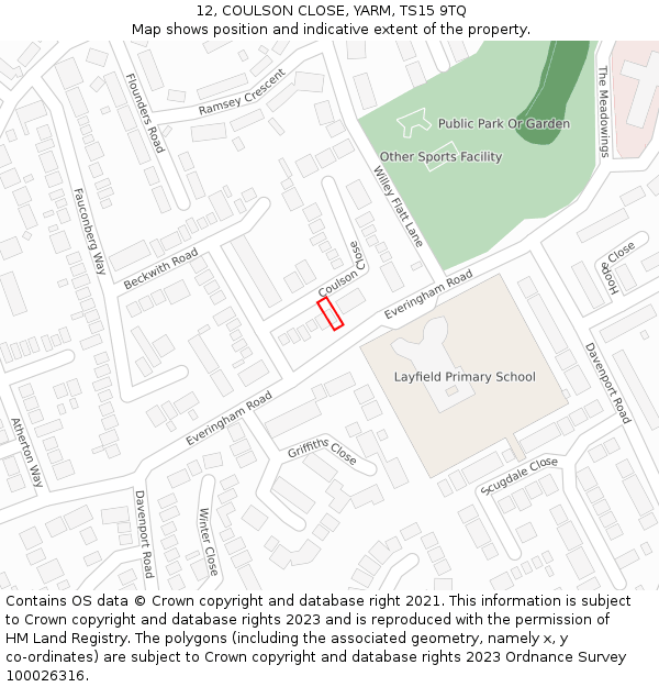 12, COULSON CLOSE, YARM, TS15 9TQ: Location map and indicative extent of plot