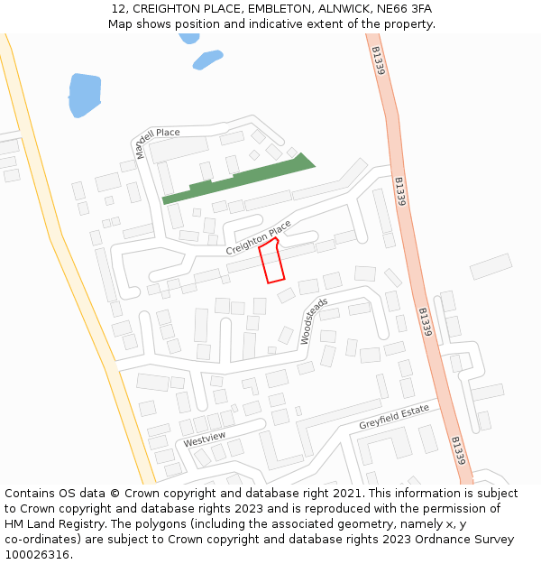 12, CREIGHTON PLACE, EMBLETON, ALNWICK, NE66 3FA: Location map and indicative extent of plot