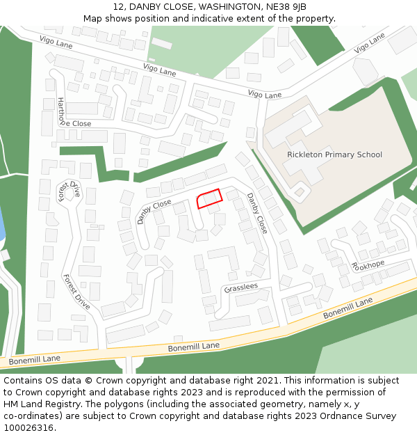 12, DANBY CLOSE, WASHINGTON, NE38 9JB: Location map and indicative extent of plot