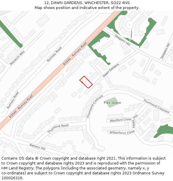 12, DAWN GARDENS, WINCHESTER, SO22 4NS: Location map and indicative extent of plot