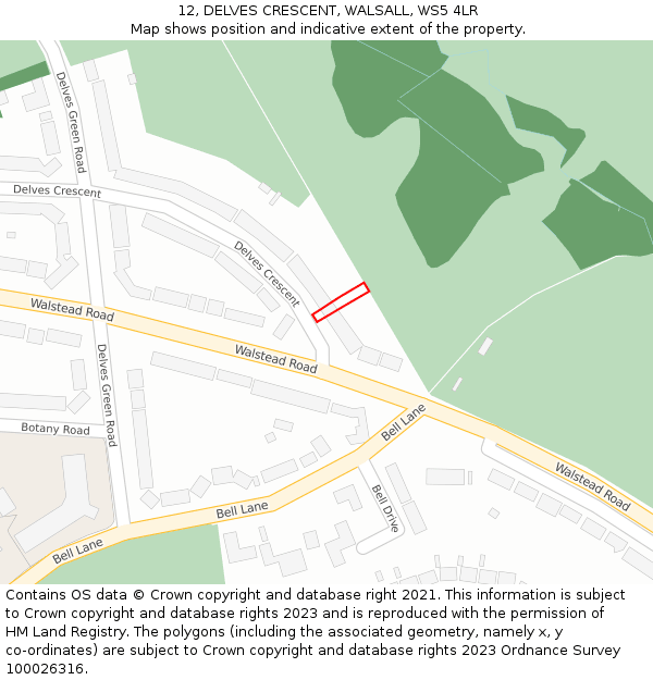 12, DELVES CRESCENT, WALSALL, WS5 4LR: Location map and indicative extent of plot
