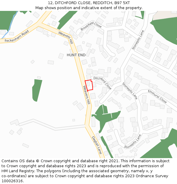 12, DITCHFORD CLOSE, REDDITCH, B97 5XT: Location map and indicative extent of plot