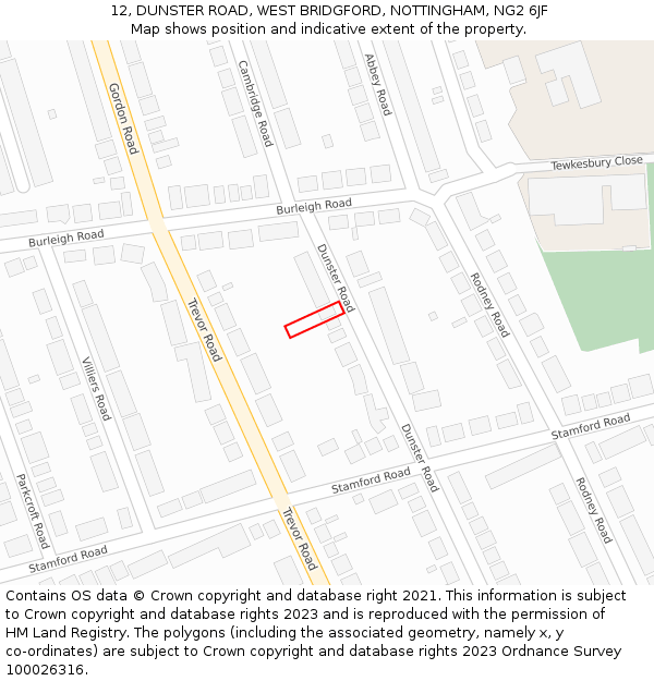12, DUNSTER ROAD, WEST BRIDGFORD, NOTTINGHAM, NG2 6JF: Location map and indicative extent of plot