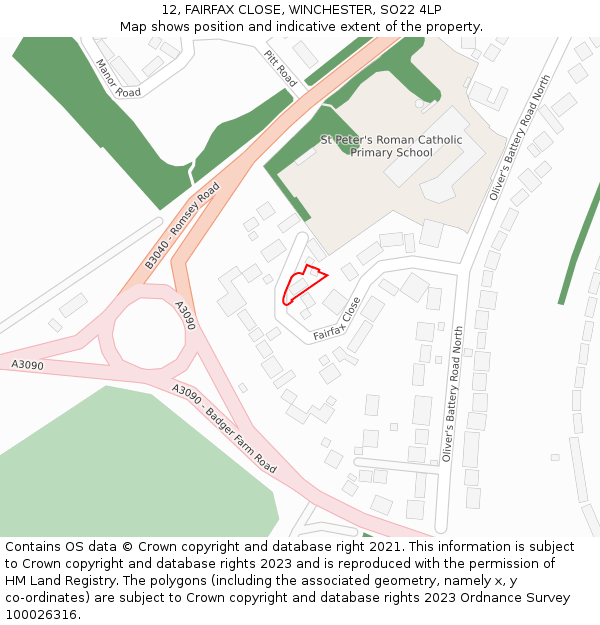 12, FAIRFAX CLOSE, WINCHESTER, SO22 4LP: Location map and indicative extent of plot