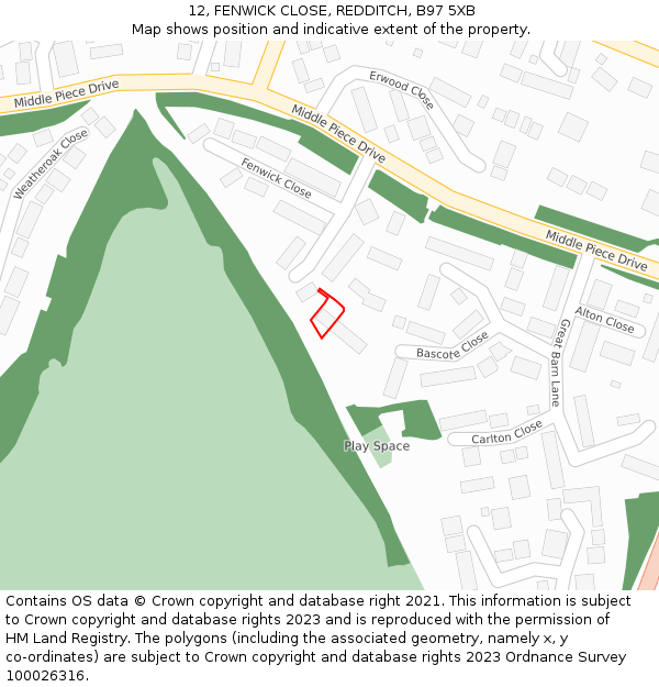 12, FENWICK CLOSE, REDDITCH, B97 5XB: Location map and indicative extent of plot