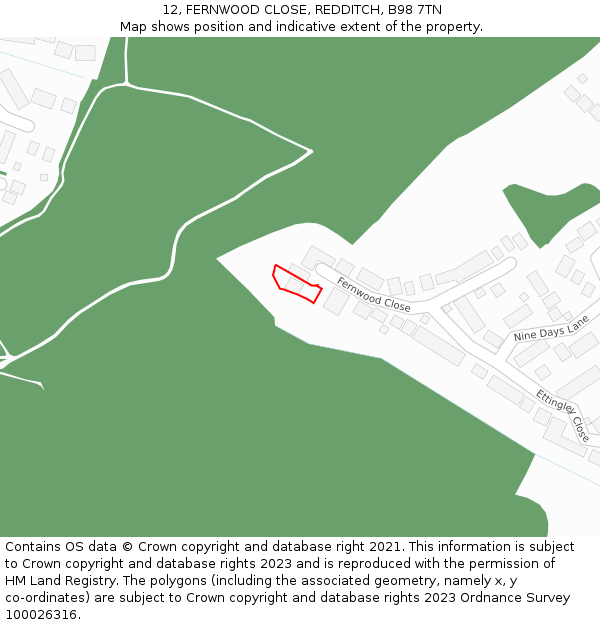 12, FERNWOOD CLOSE, REDDITCH, B98 7TN: Location map and indicative extent of plot